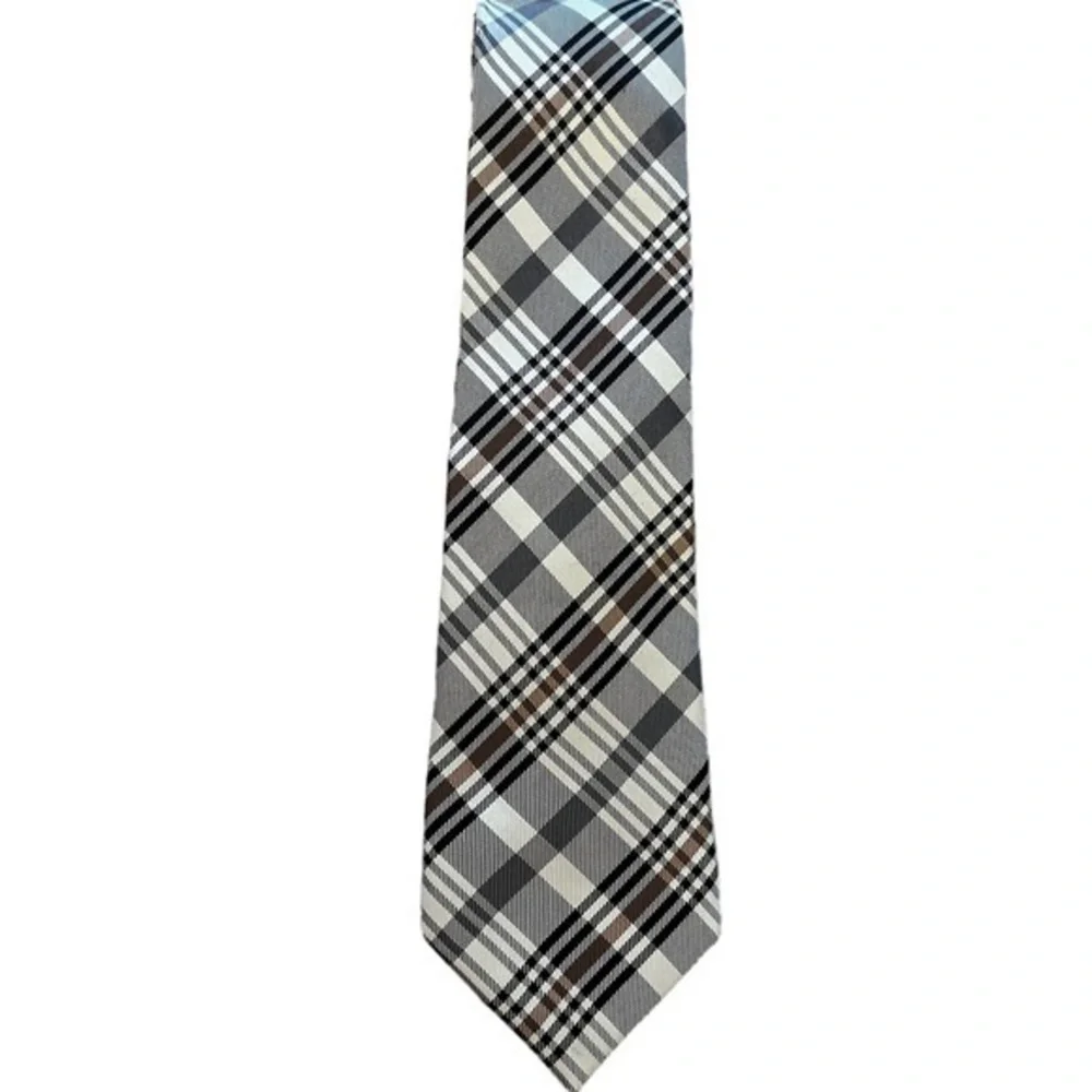 Ben Sherman black white & tan plaid skinny tie, 100% silk